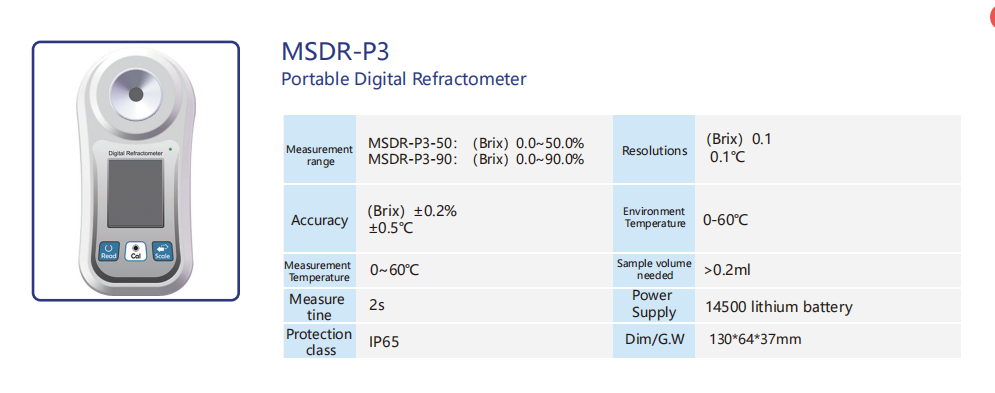 Portable Digital Brix Meter Refractometer Specification